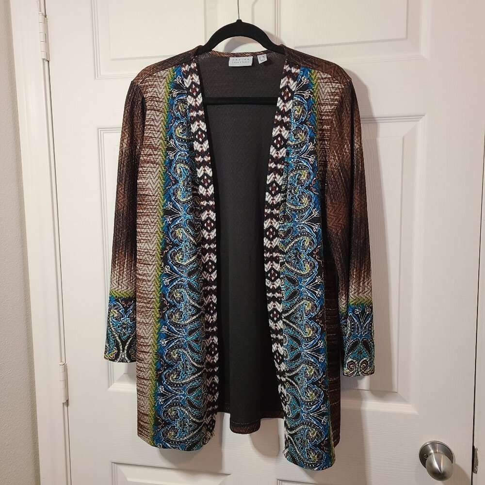 Susan Graver Knit Whimsy Cardigan M Brown/Blue BOHO Flowy Style